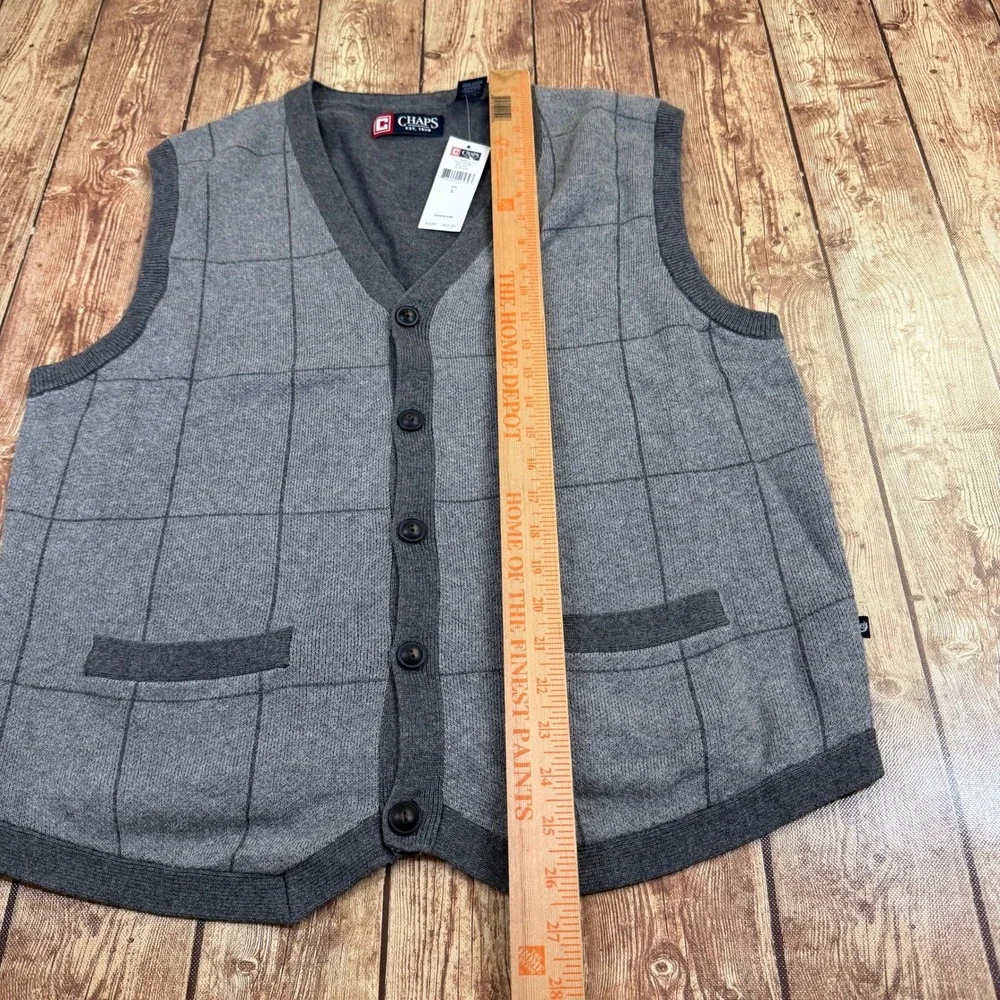 Chaps Big Sky Sweater Vest Mens Large Gray Windowpane Cotton Button Front NWT